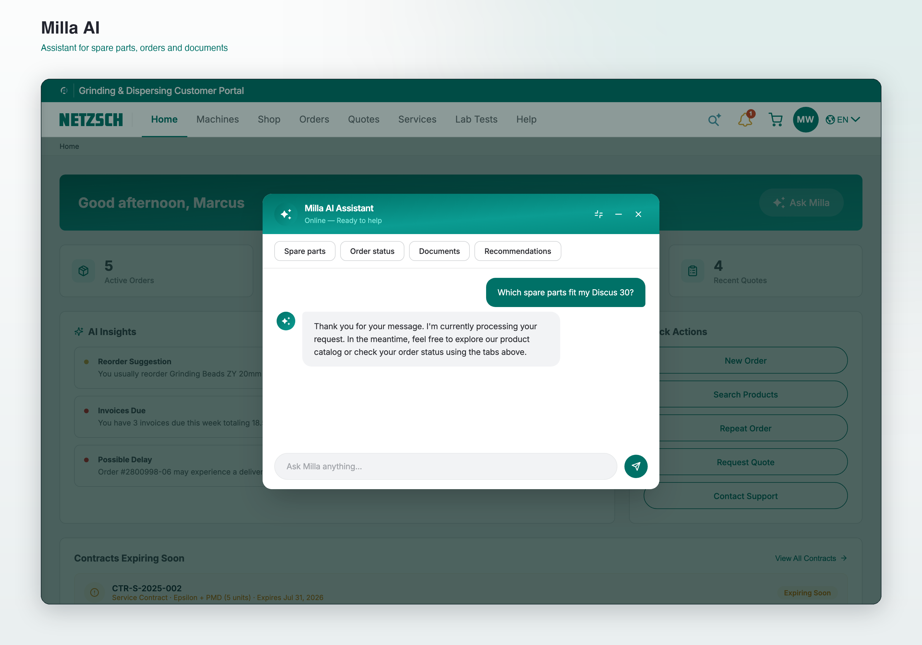 Milla AI assistant chat modal over the dashboard