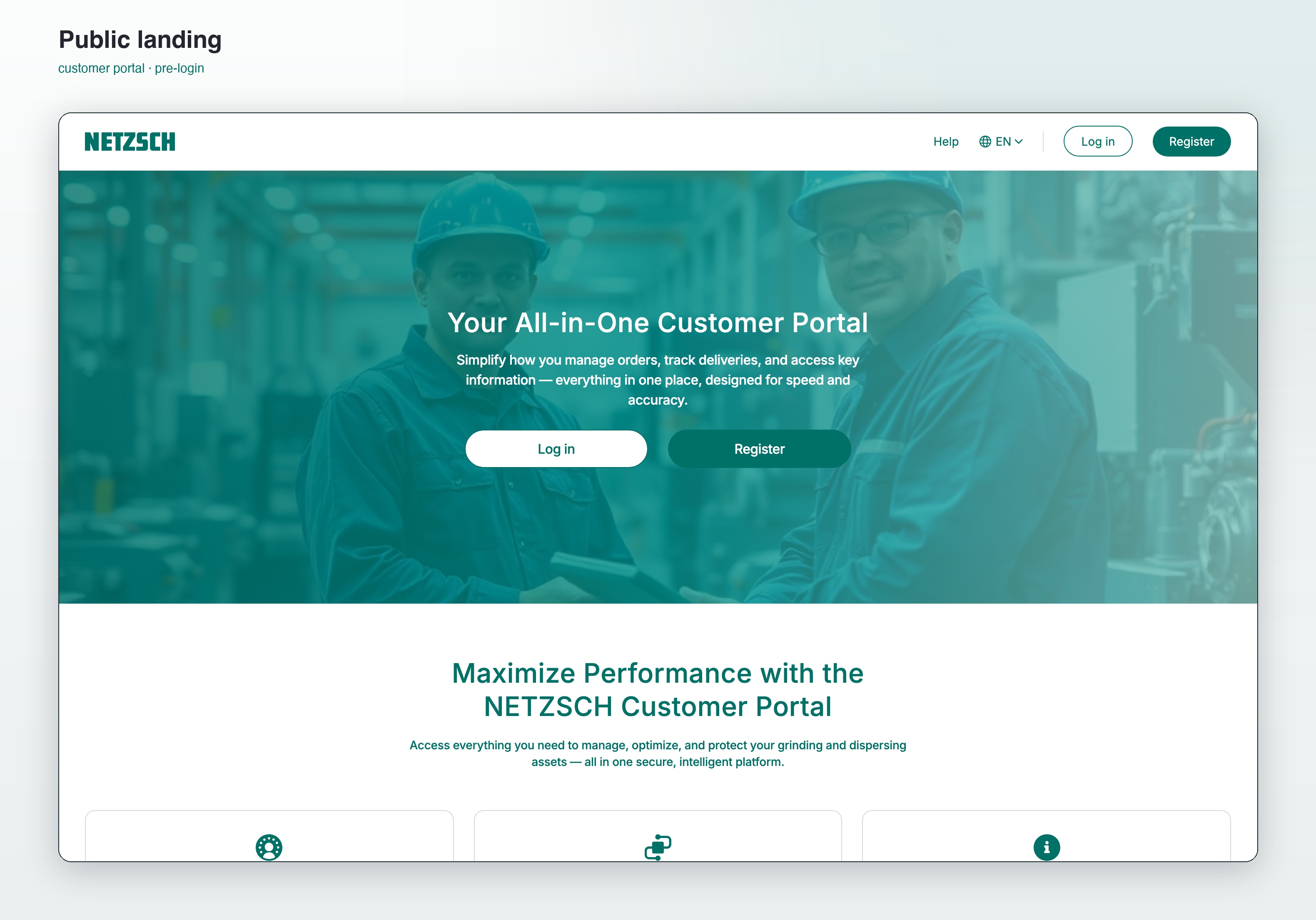 Public landing page of the customer portal