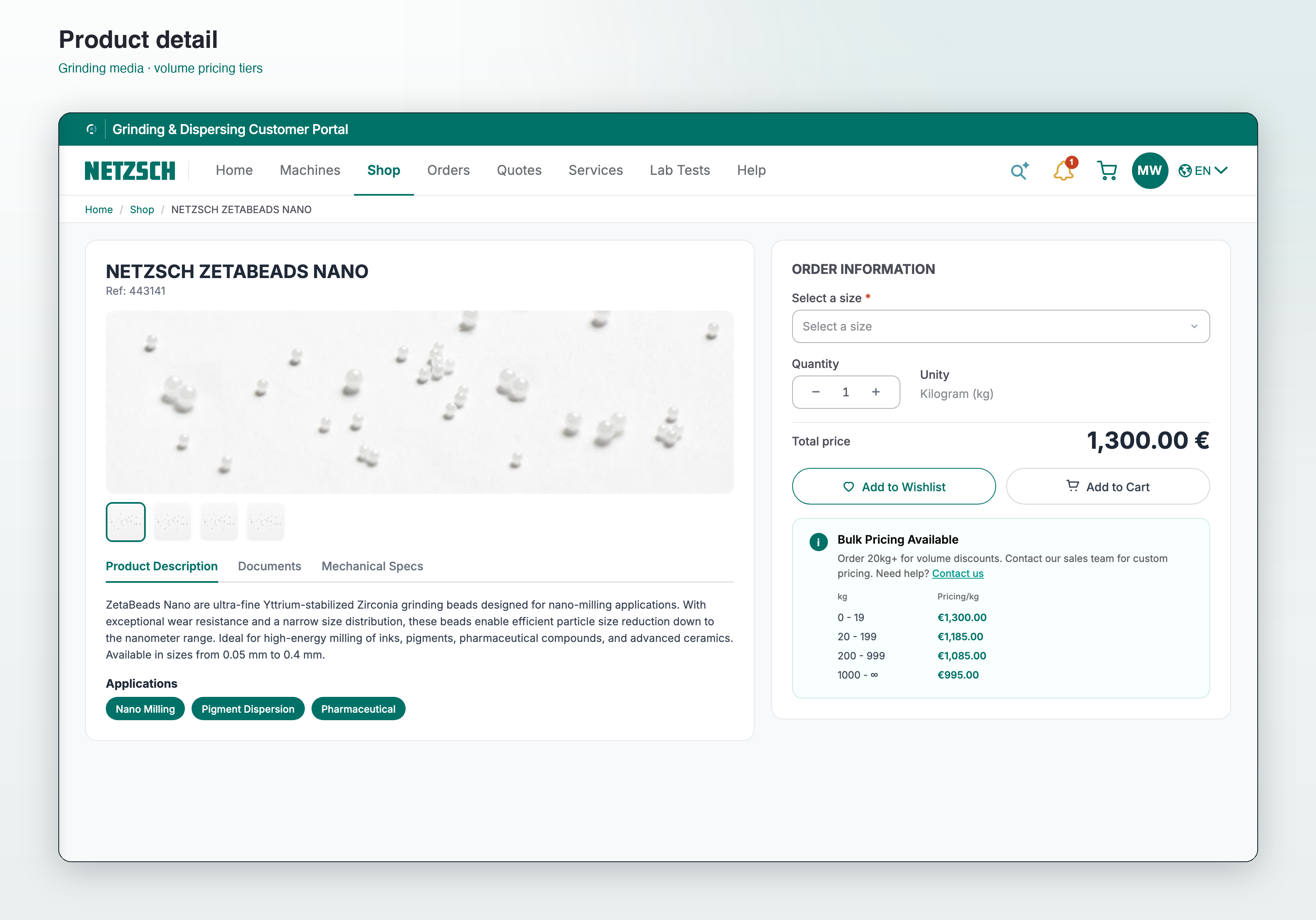 Product detail — grinding media with volume pricing tiers