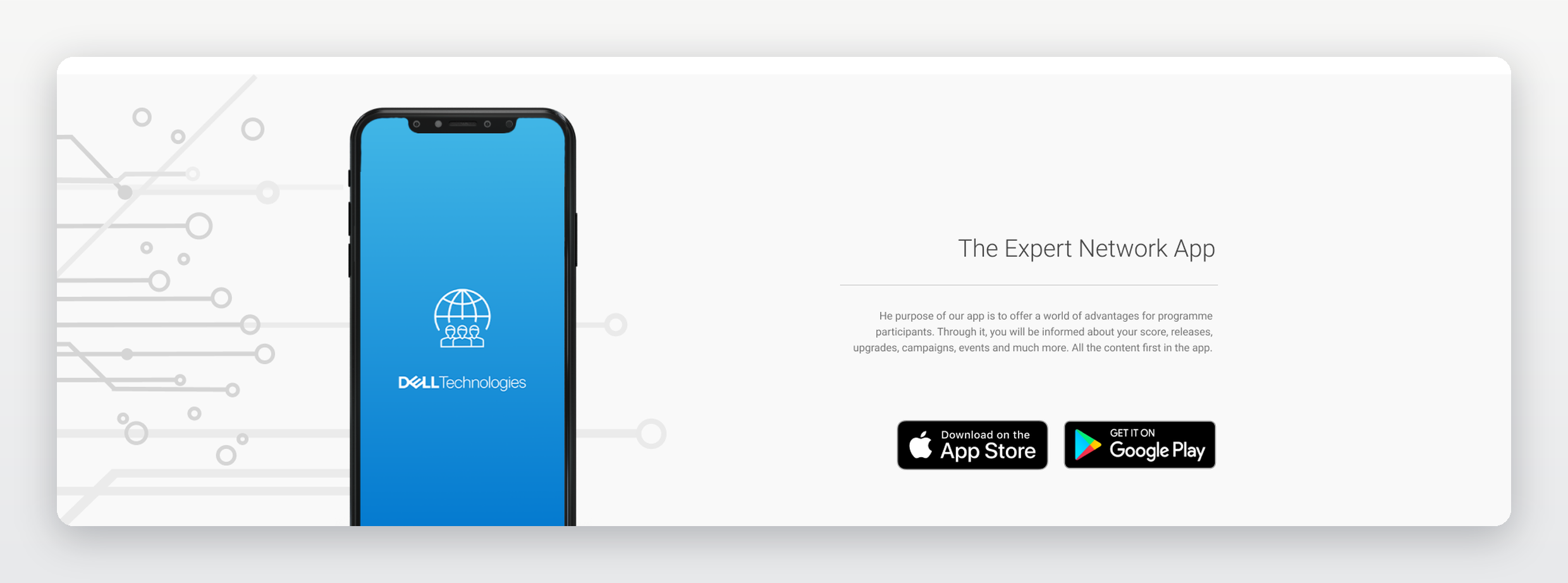 Dell Expert Network — the companion app section with App Store and Google Play links