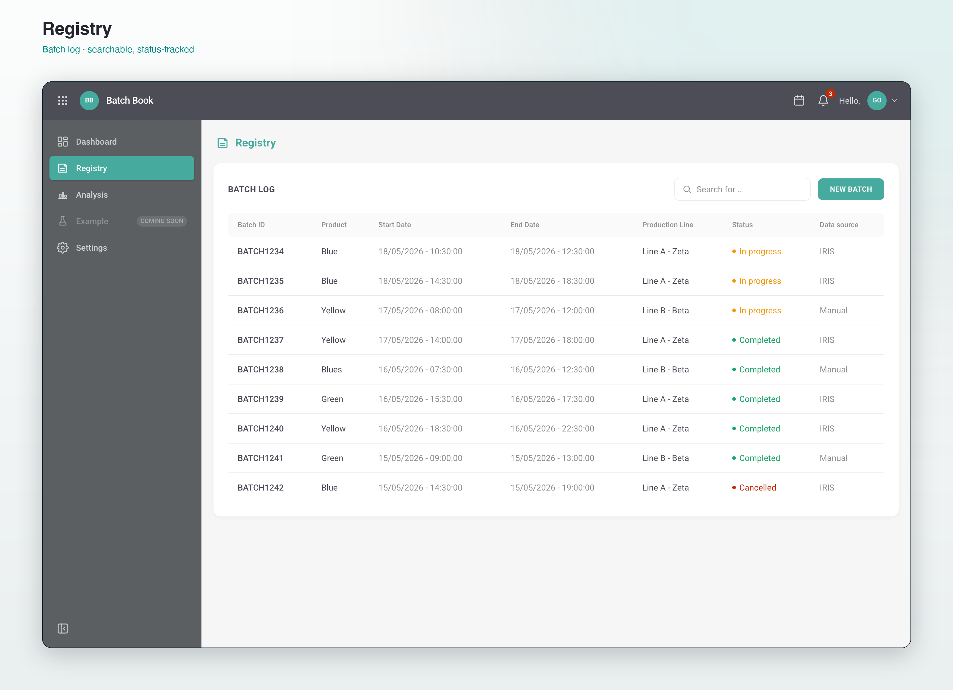 Registry — searchable batch log with status badges