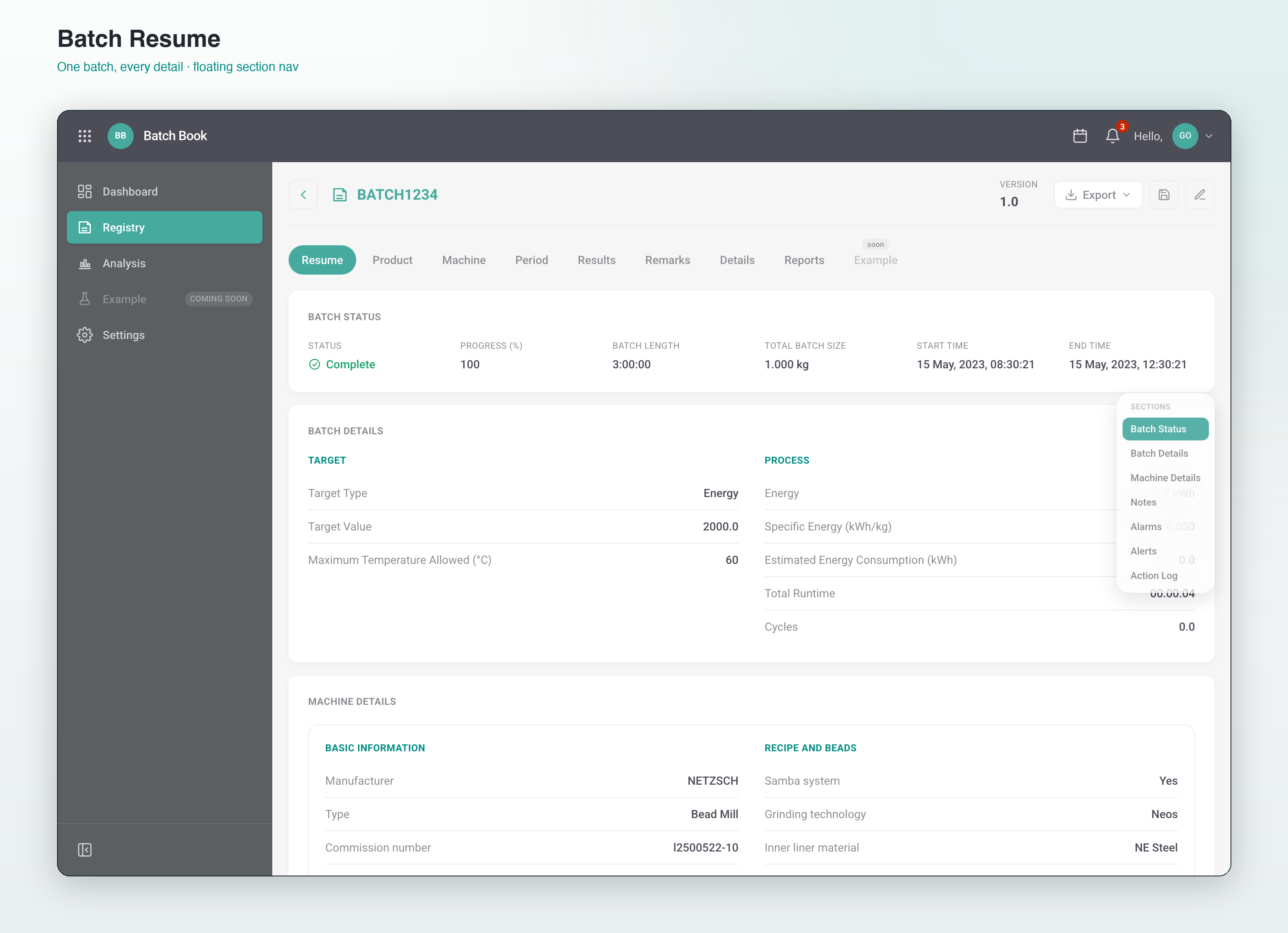 Batch Resume — status, details, machine info with floating section navigation