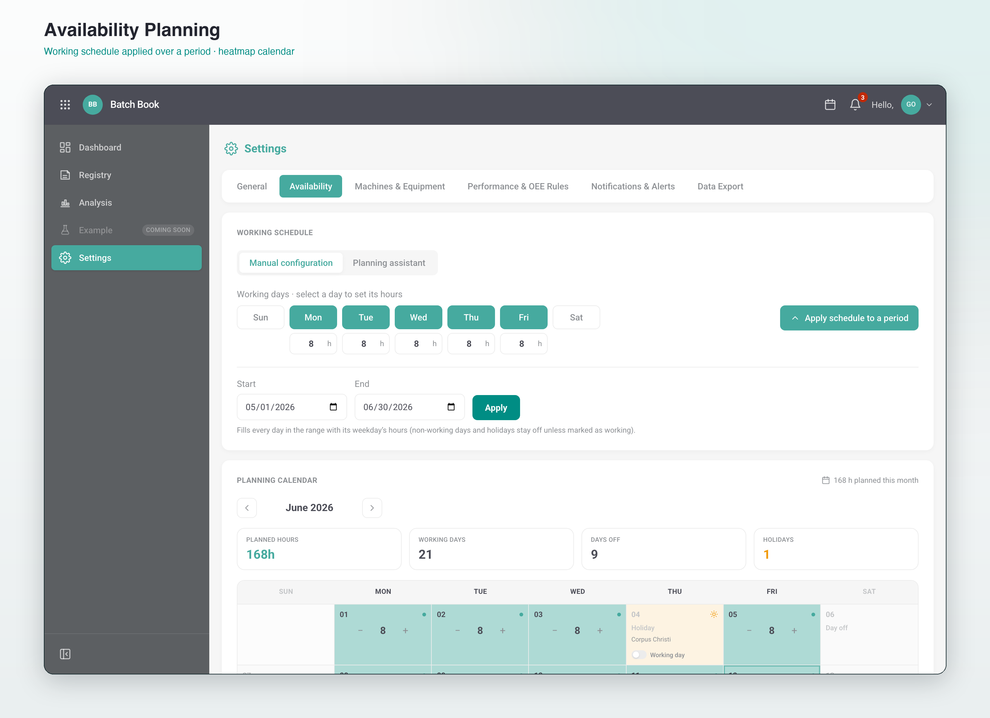 Availability planning — working schedule applied over a period, heatmap calendar with holidays
