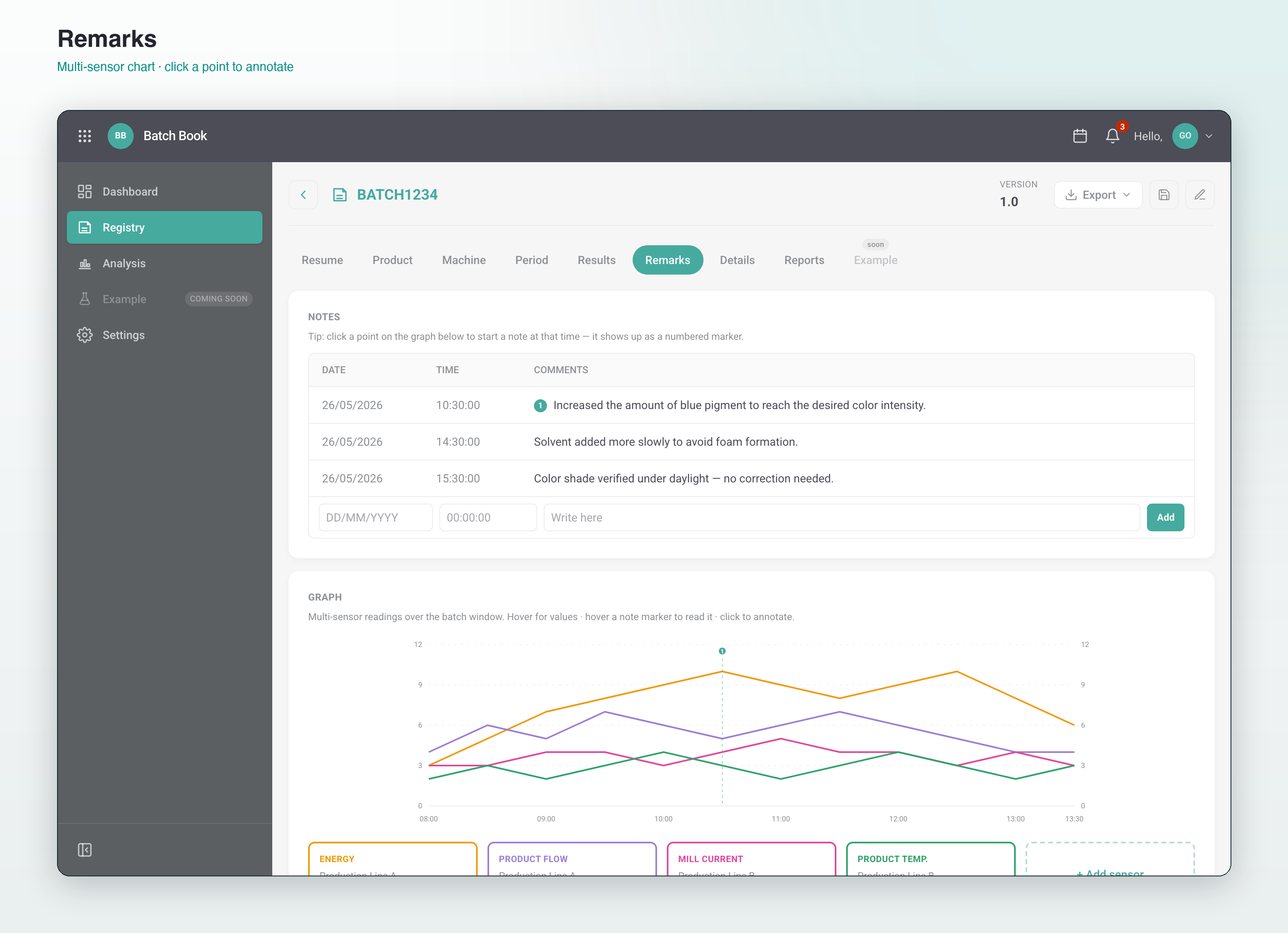 Remarks tab — multi-sensor chart with numbered note markers and click-to-annotate