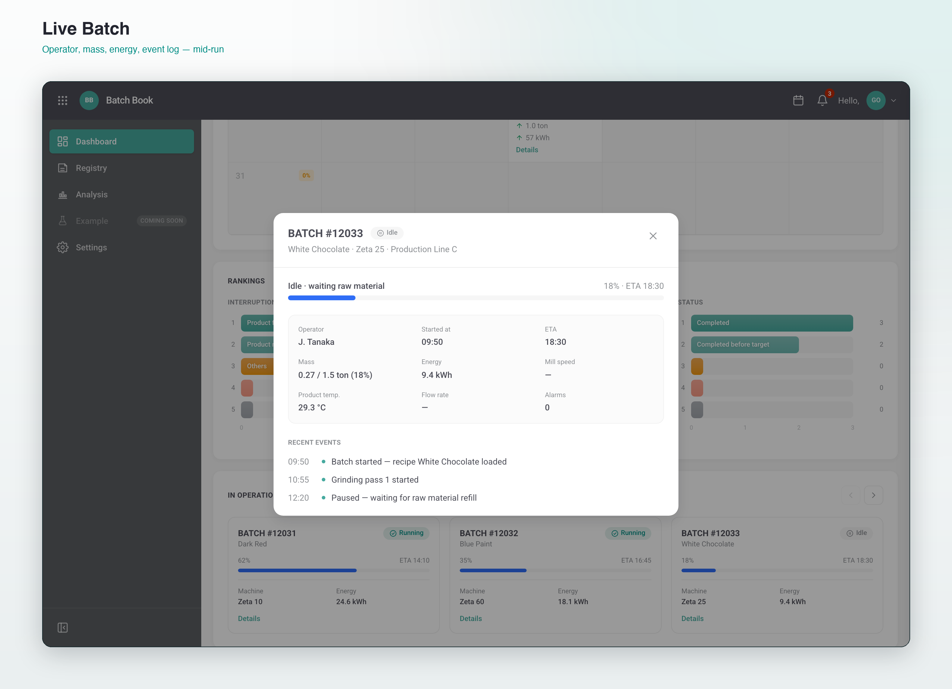 Live batch detail modal — operator, mass, energy, recent events