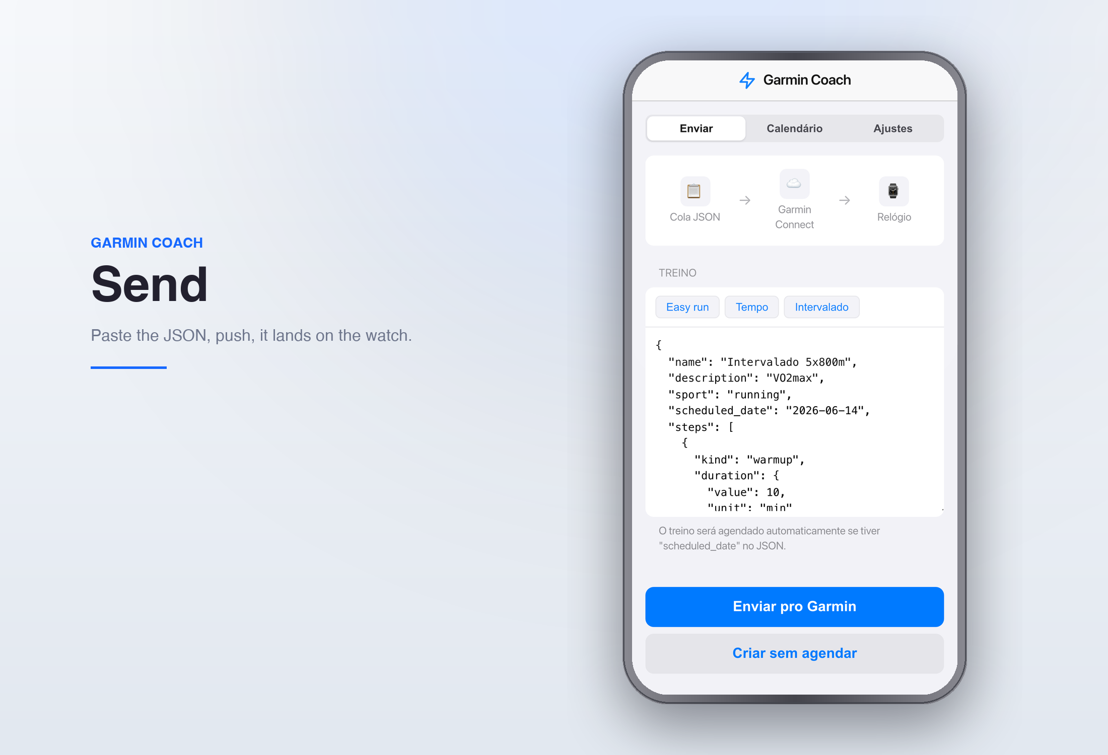 Garmin Coach web app — paste JSON, send to Garmin