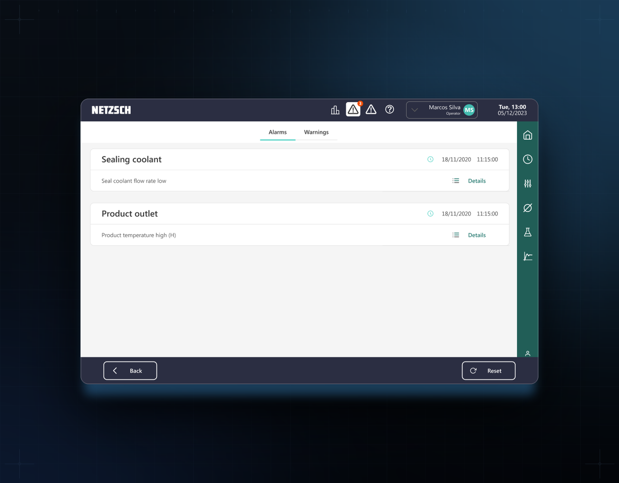 InView V3 active alarm queue with severity ranking