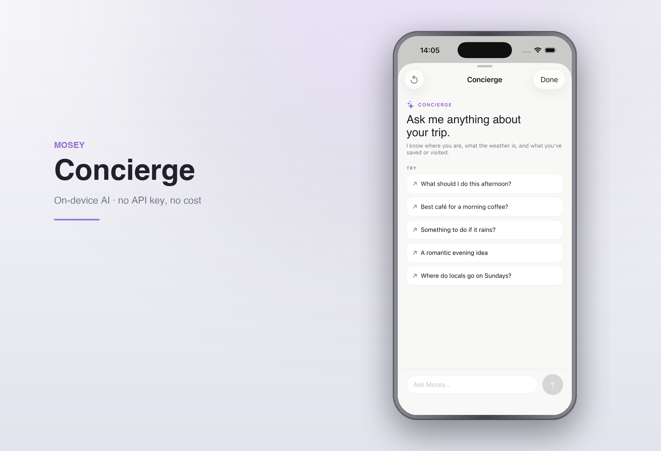 Mosey Concierge — on-device AI chat