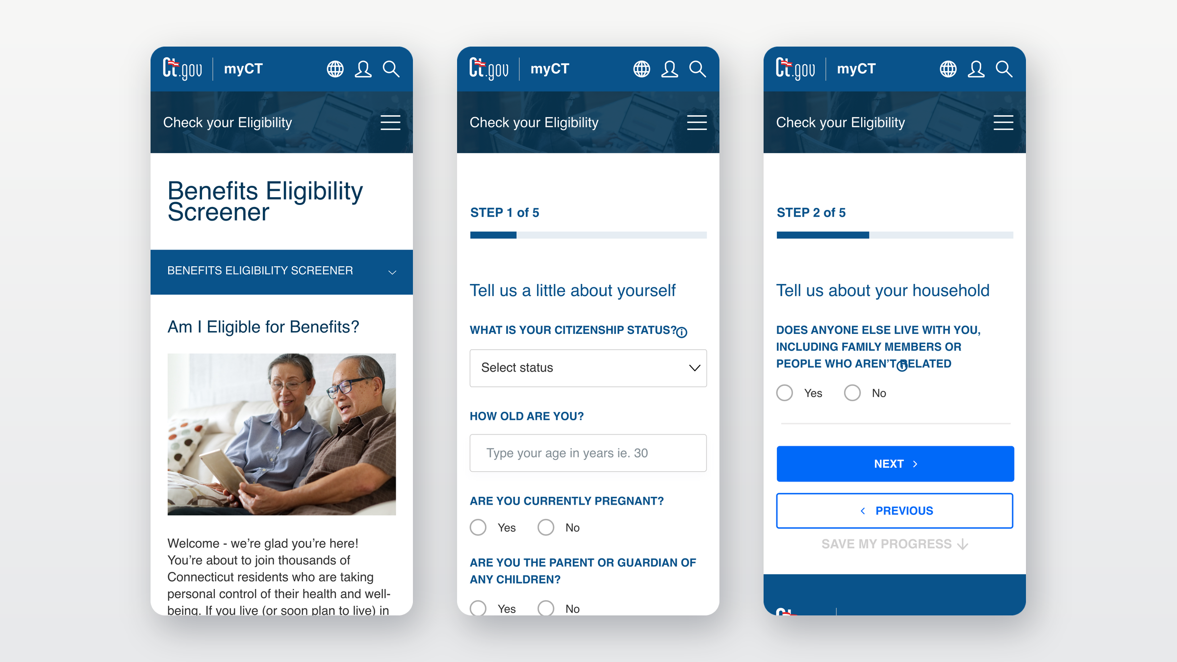 MyCT mobile — eligibility intro and the first two steps of the screener