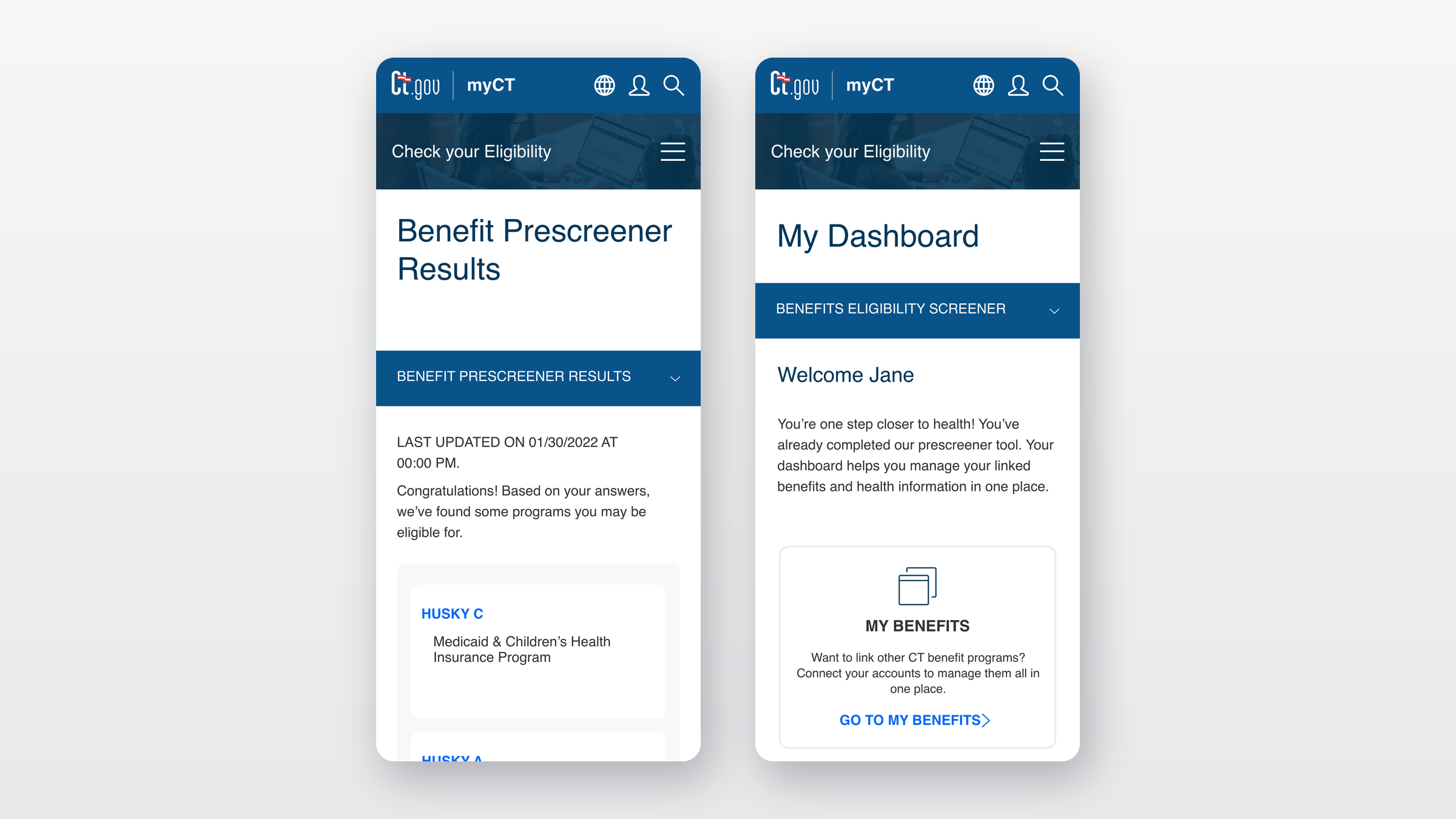 MyCT mobile — prescreener results and the personal dashboard