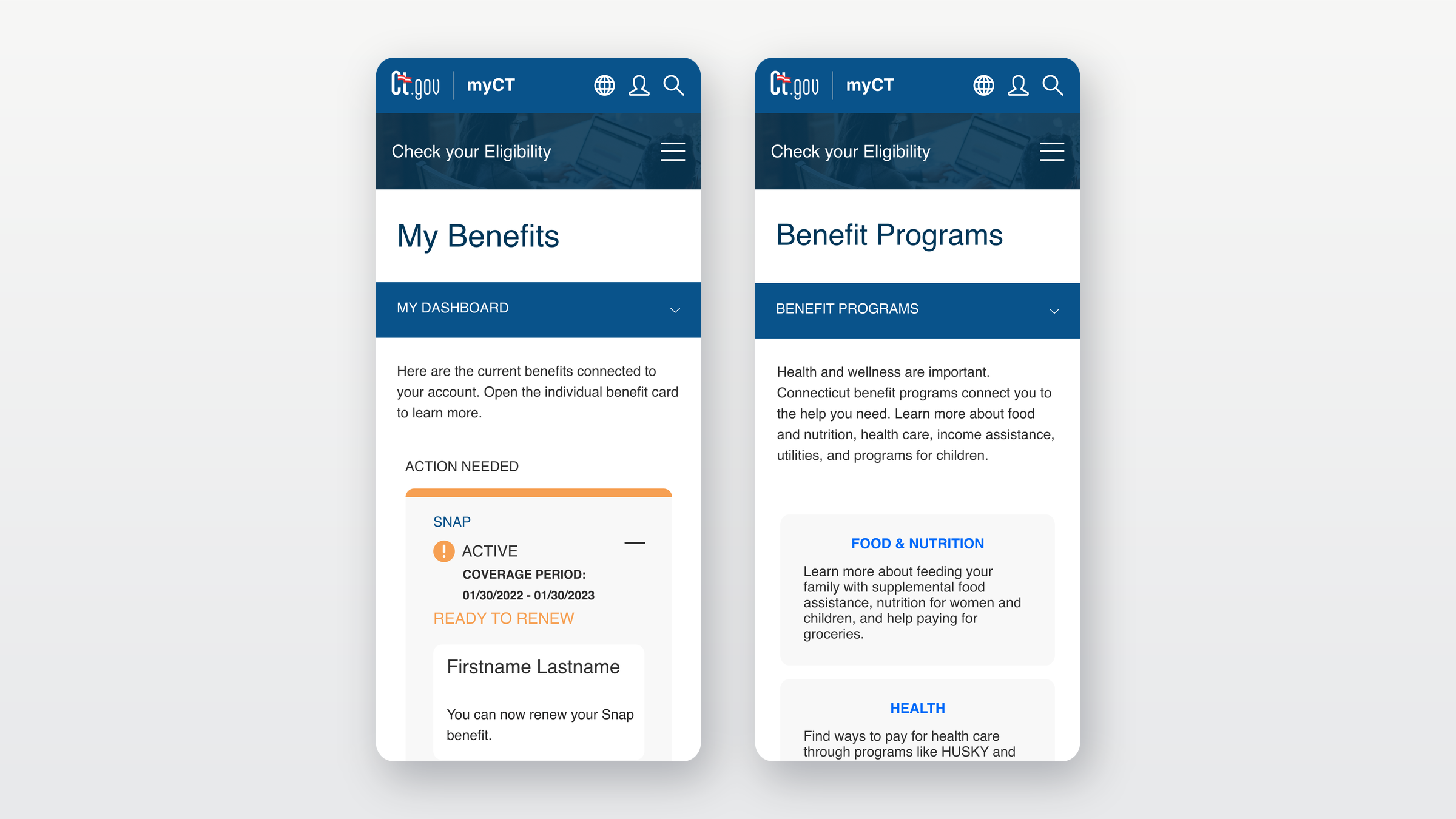 MyCT mobile — managing linked benefits and browsing programs by task
