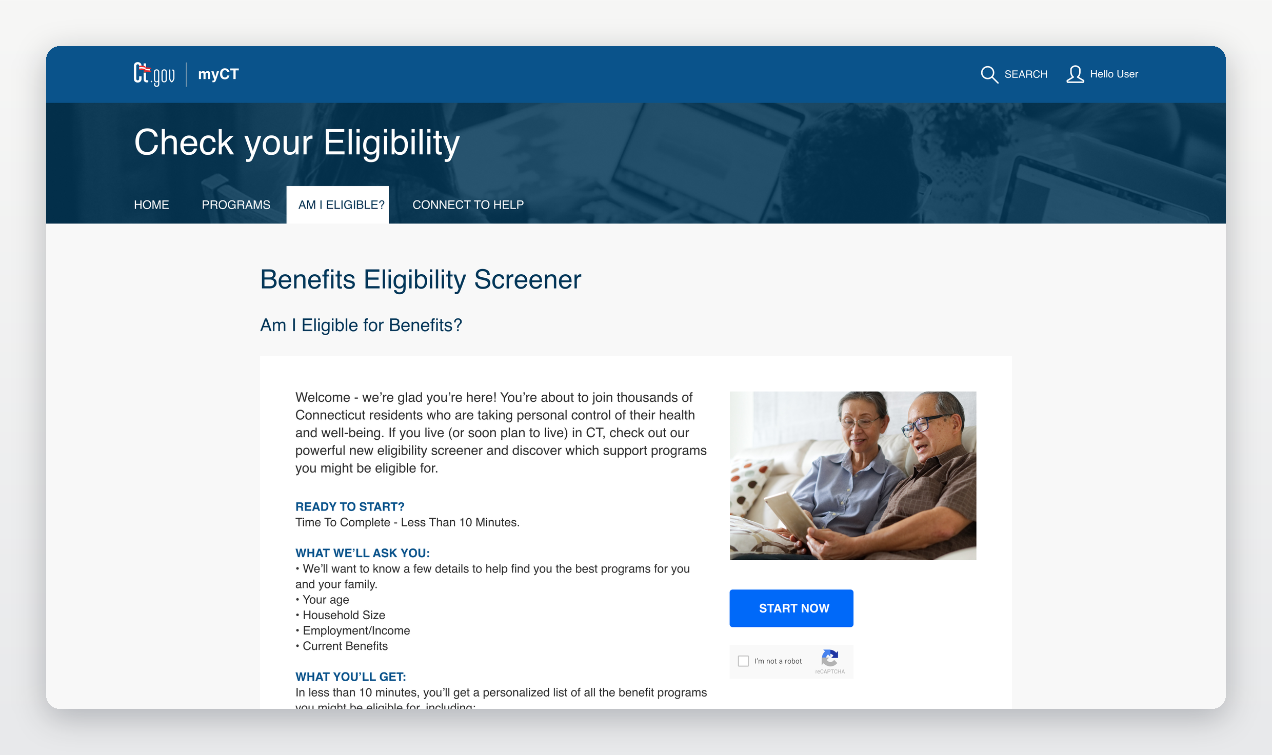 MyCT eligibility screener intro — plain-language welcome, 'Am I eligible for benefits?', under 10 minutes