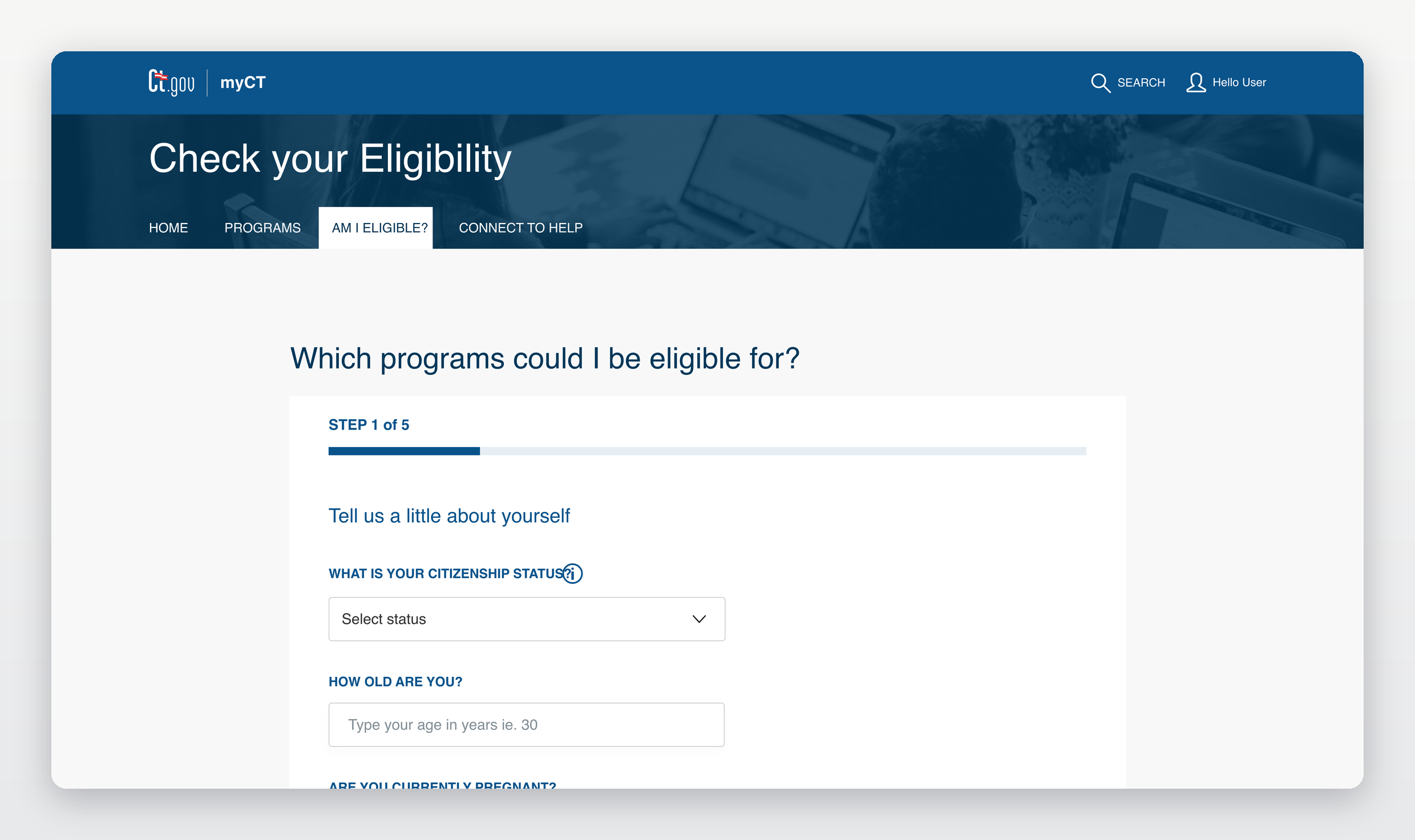 MyCT eligibility screener — Step 1 of 5, plain-language questions about the applicant