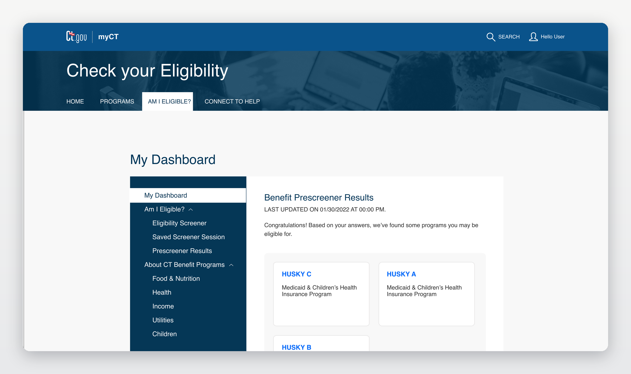 MyCT benefit prescreener results — programs the citizen may be eligible for