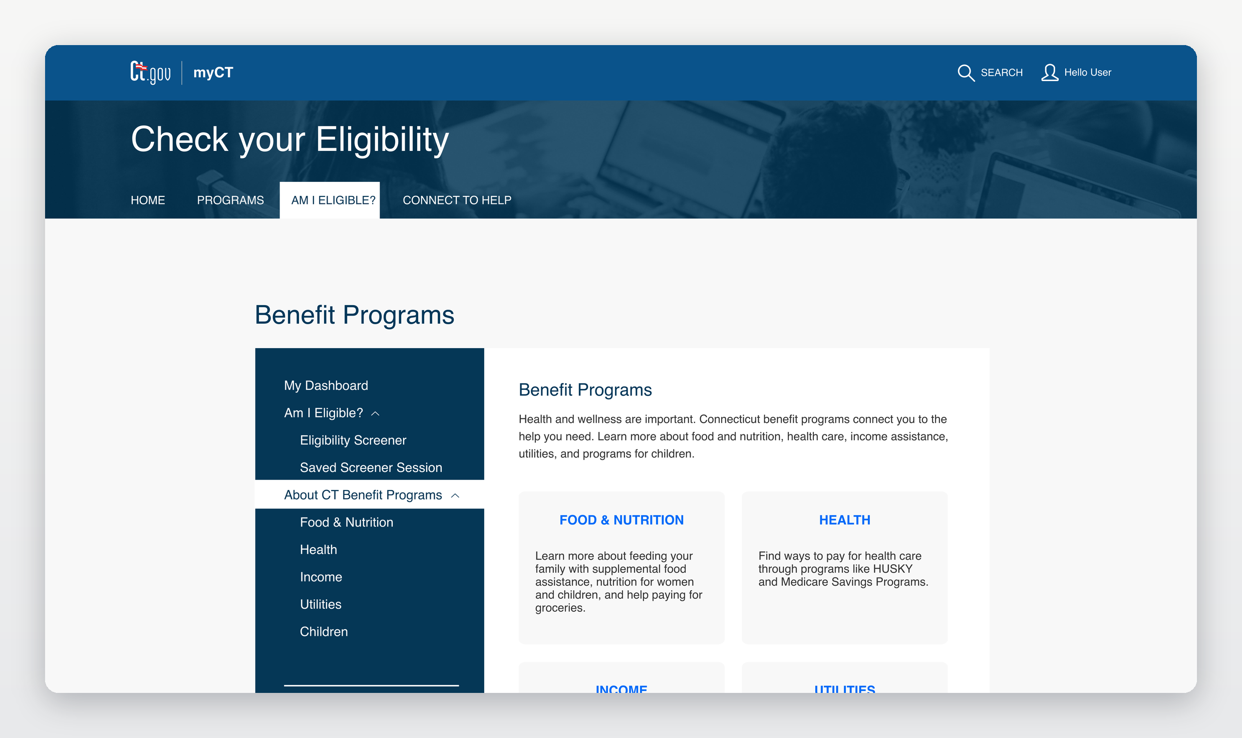 MyCT benefit programs organized by citizen task — Food & Nutrition, Health, Income, Utilities, Children