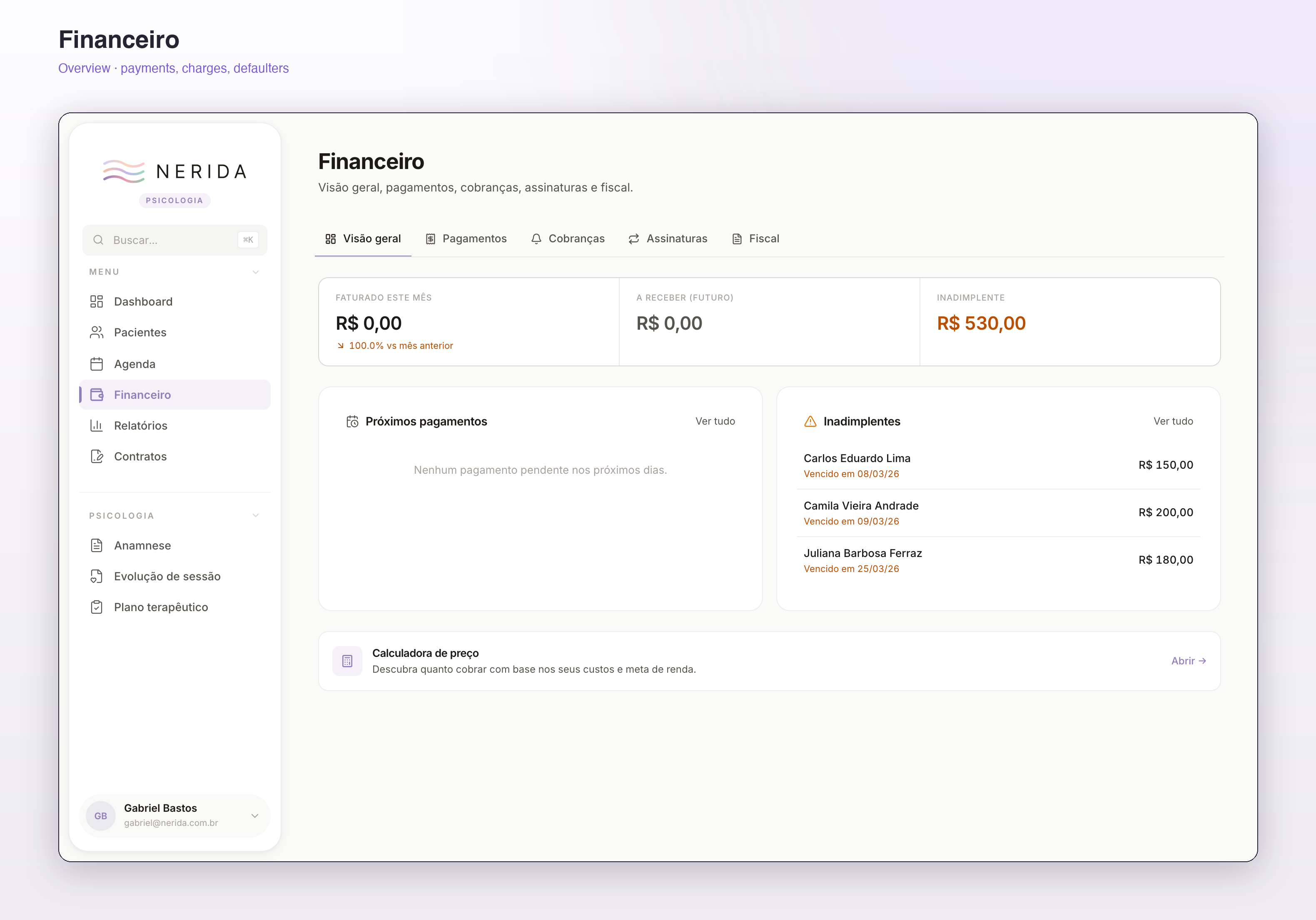 Financial module overview tab with revenue, receivables, and defaulters