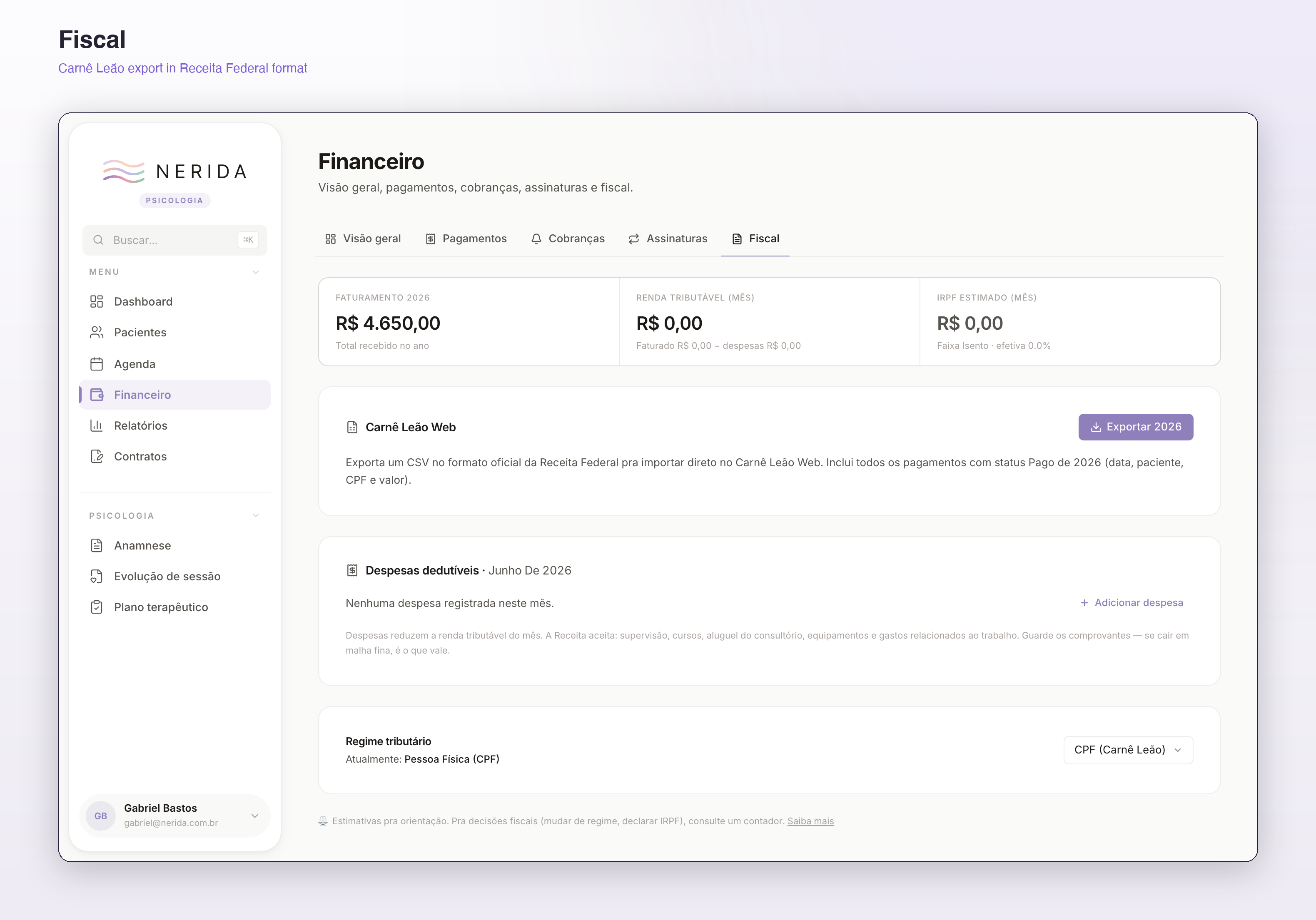 Fiscal tab — Carnê Leão CSV export, deductible expenses, IRPF estimate