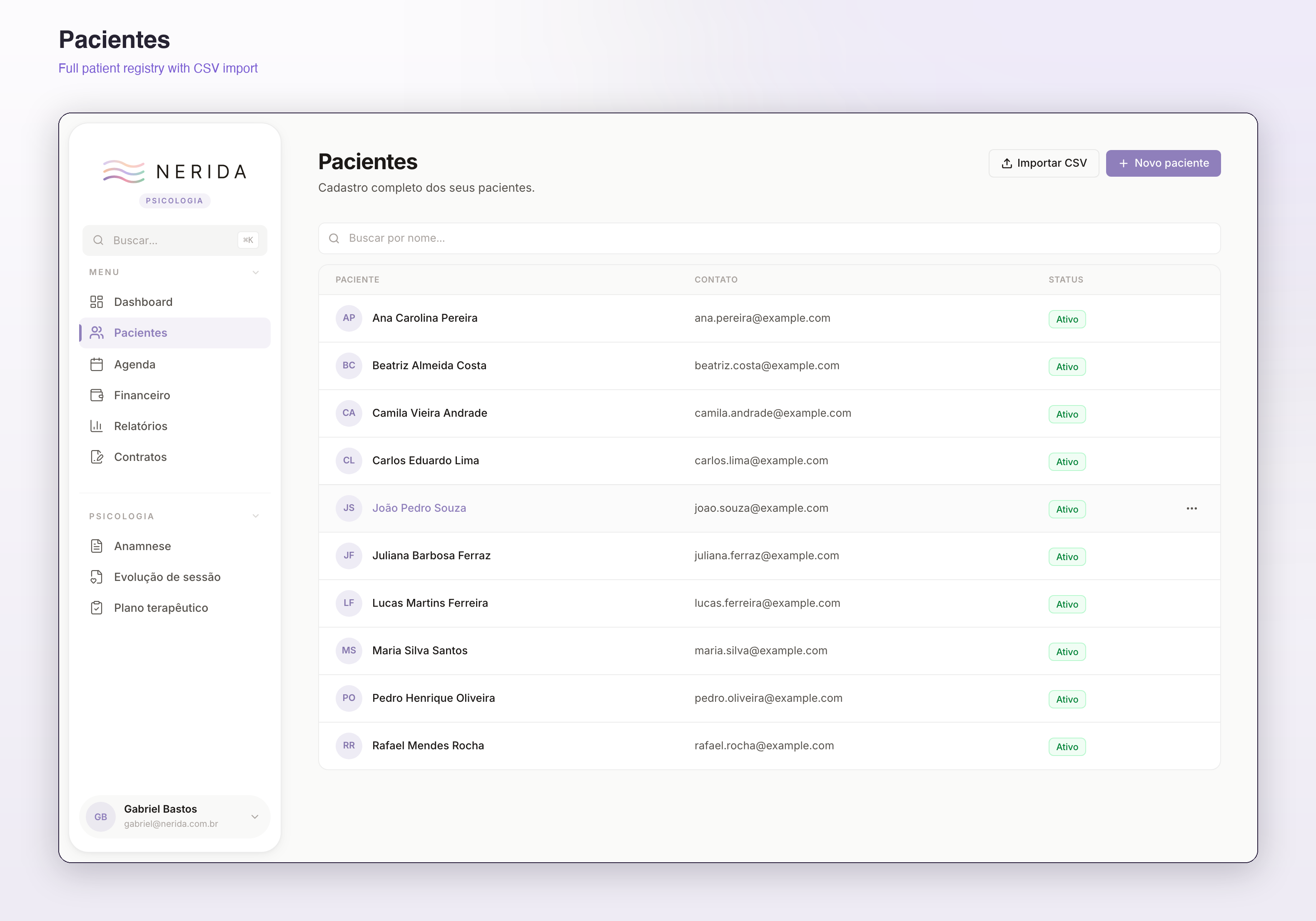 Patients listing — names, contact, status, CSV import