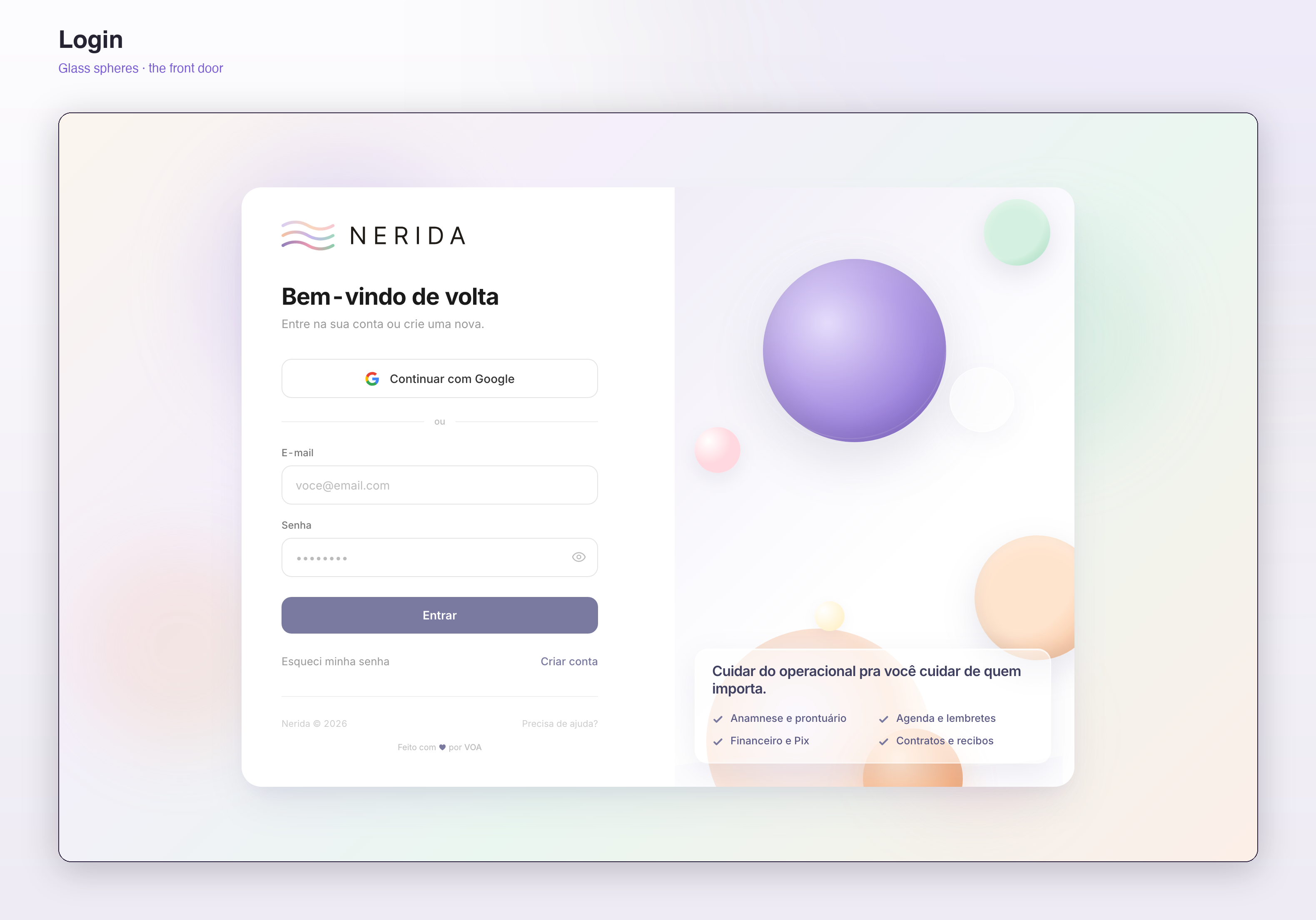 Nerida login screen with the glass spheres treatment on a lilac gradient