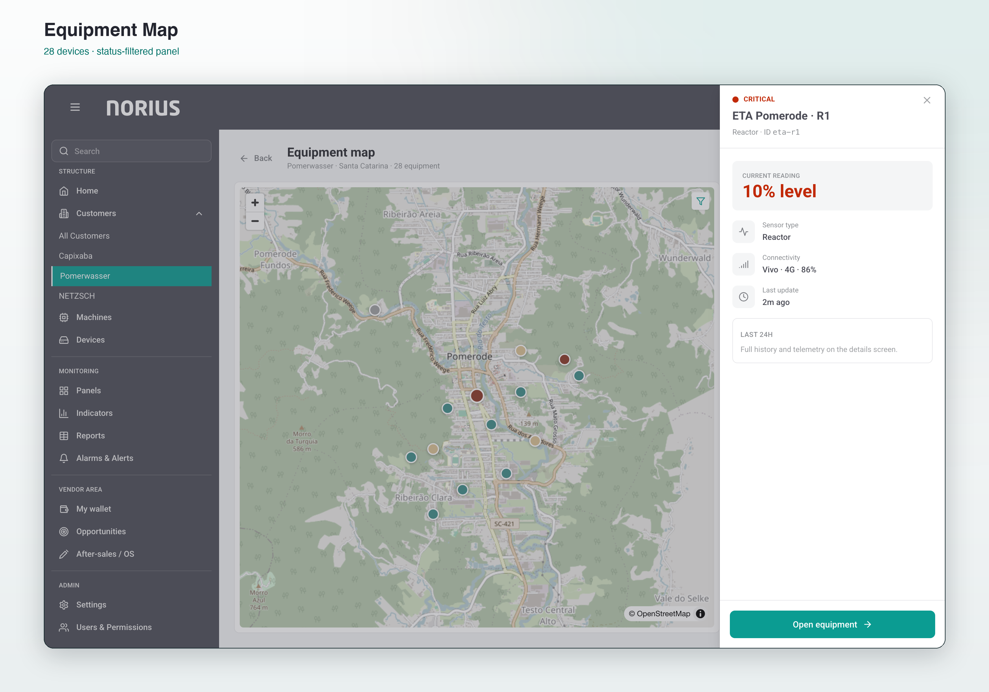 Norius equipment map — 28 devices with status-filtered side panel