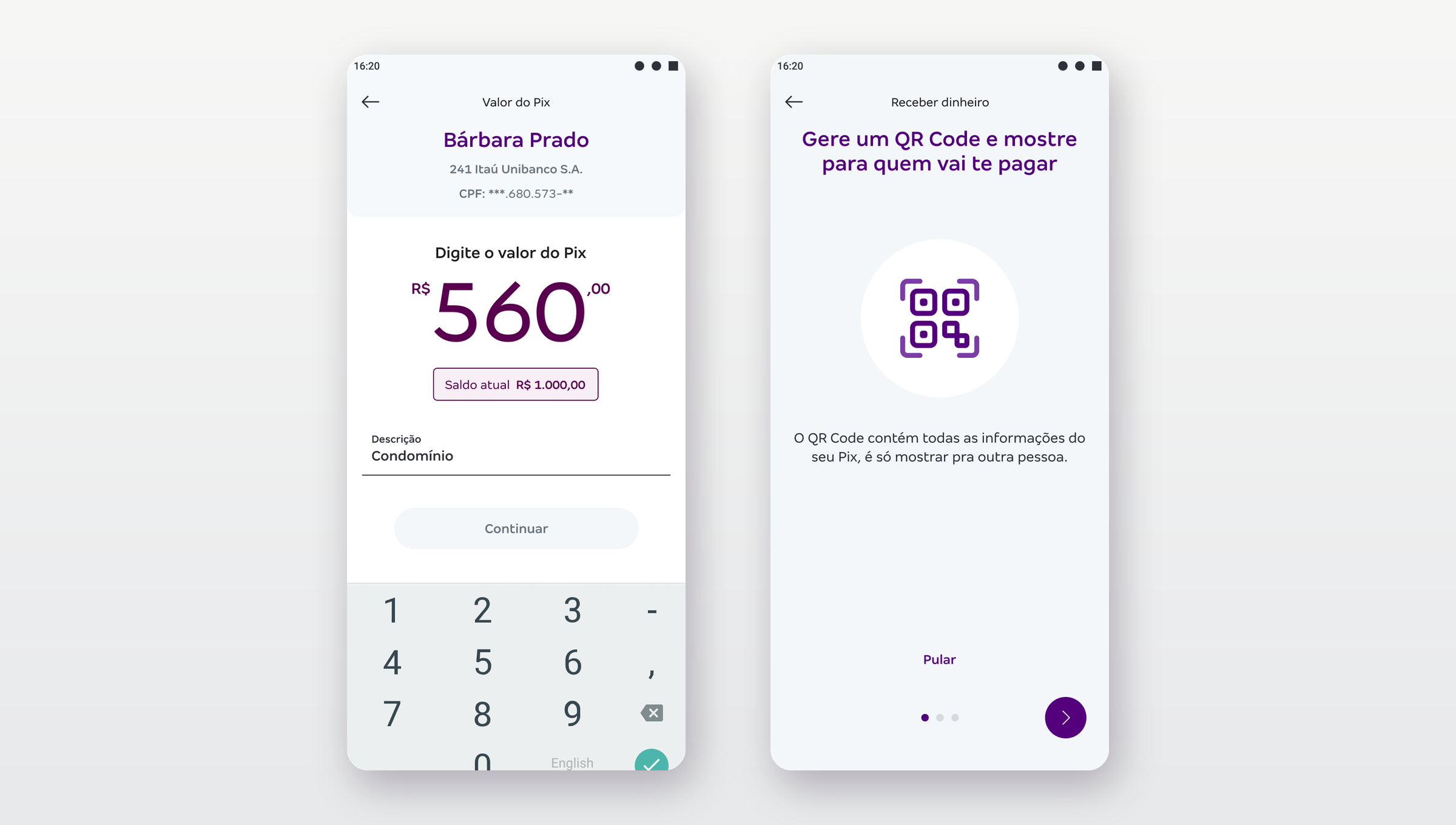 SuperDigital Pix — paying by key with amount and keypad, and receiving with a static QR code