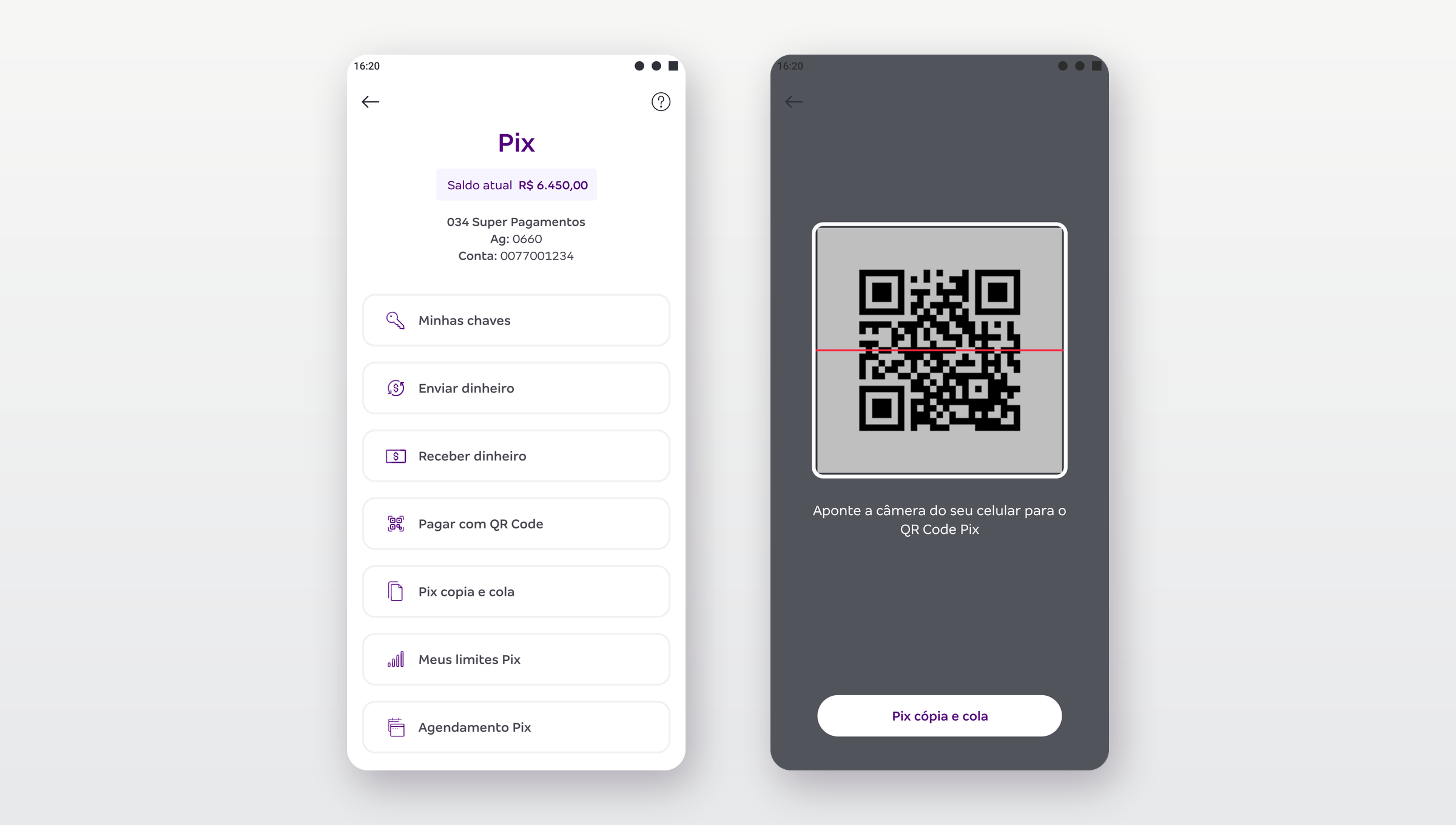 SuperDigital Pix — the Pix hub with every action, and the QR-code scanner to pay