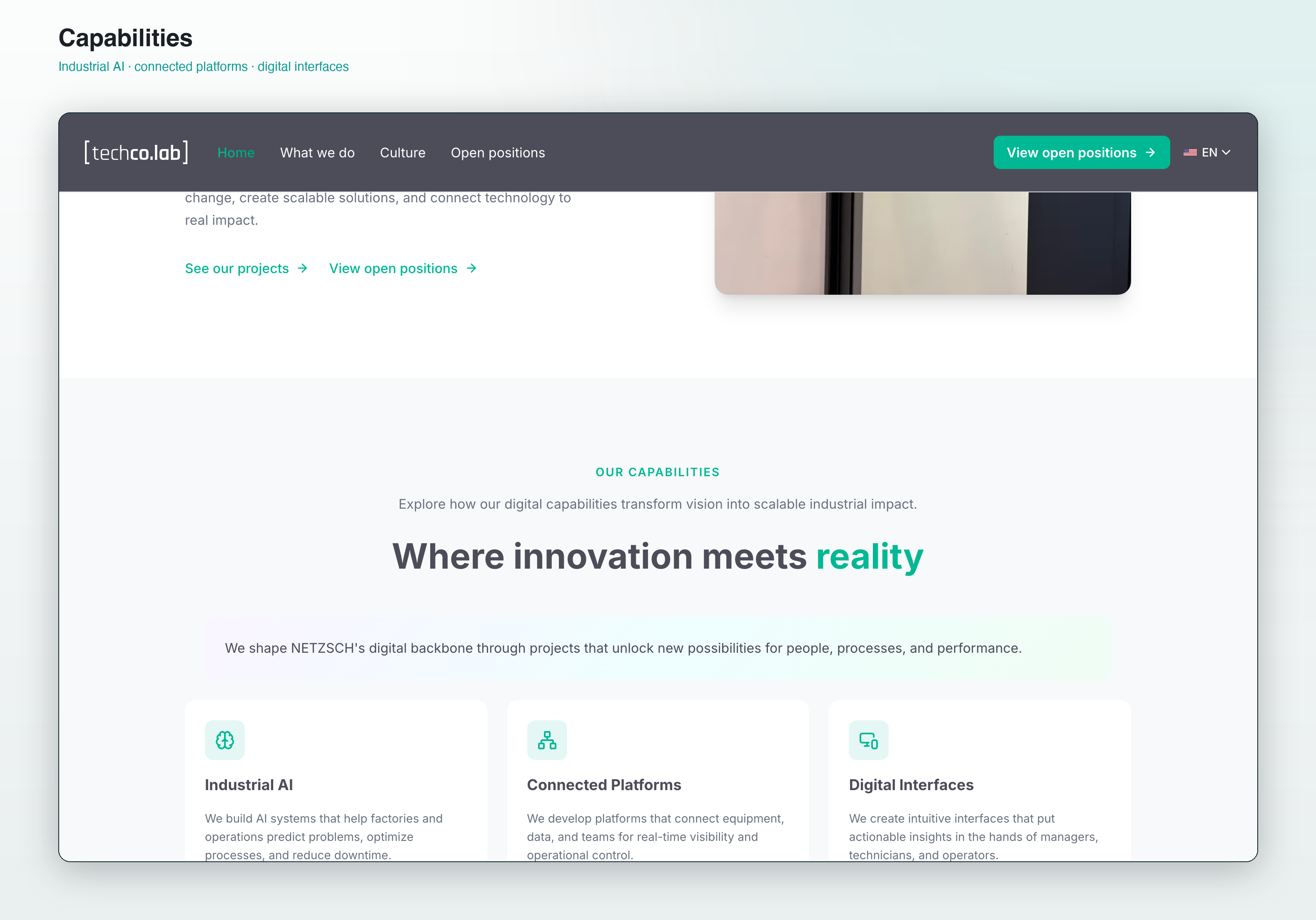 TechCo.lab capabilities — industrial AI, connected platforms, digital interfaces